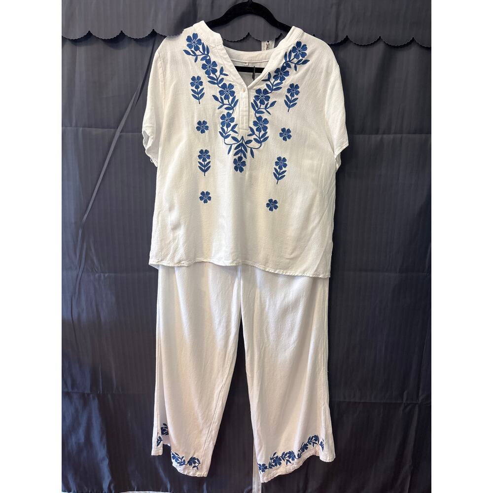 Conjunto Bordado Roman Fashion Blue Embroidered Linen Set 1XL